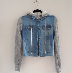 Hooded denim jacket with sweatshirt sleeves